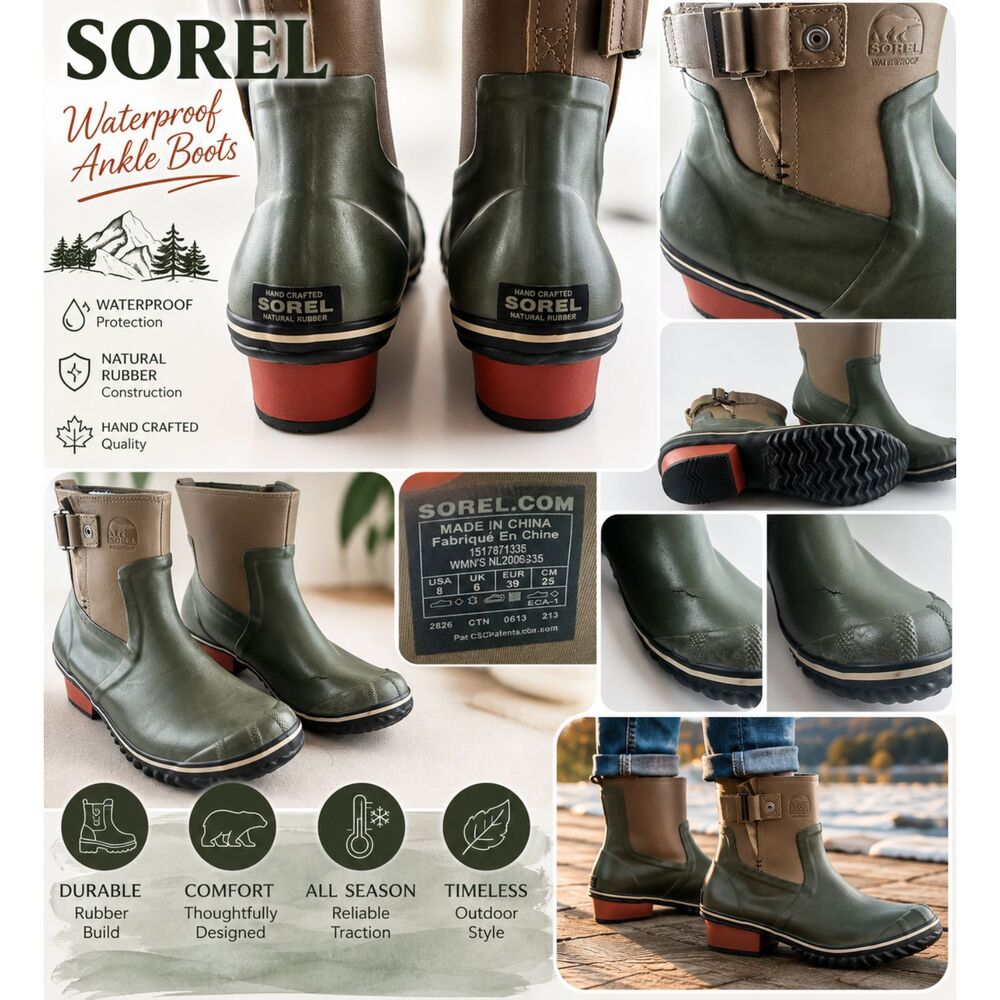 Sorel Women’s Size 8 Waterproof Ankle Rain Boots Olive Green Taupe